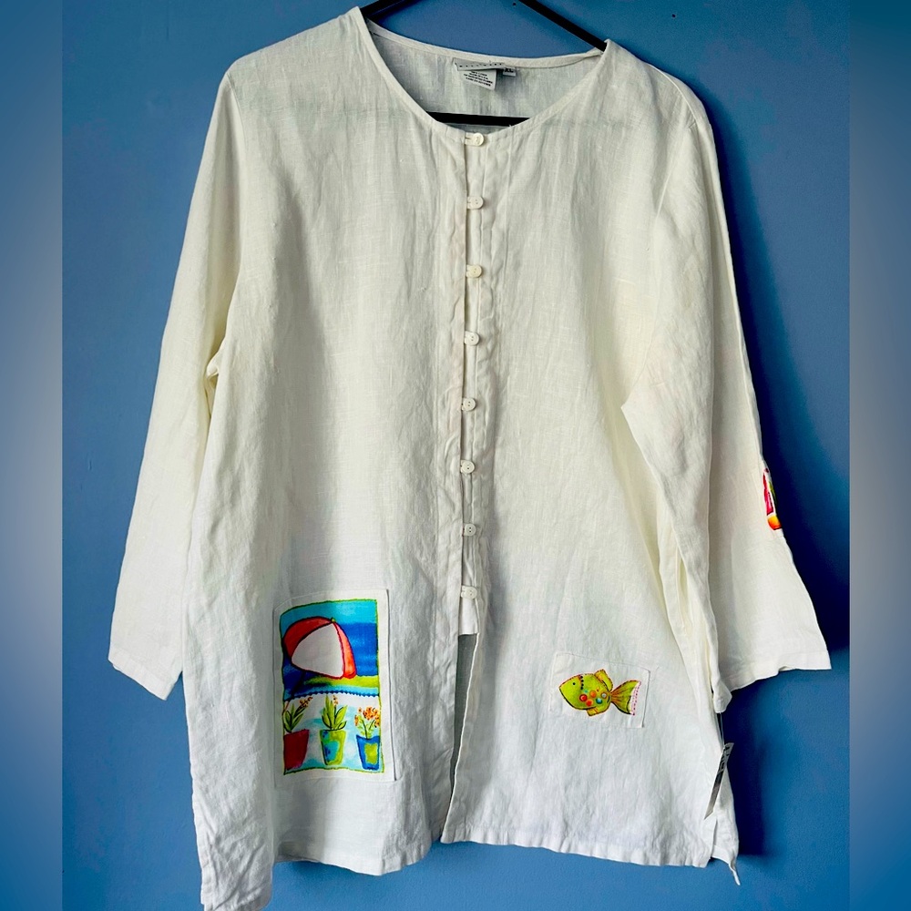 Hot Cotton by Marc Ware Linen Tunic Tank Top Set Size XL Embroidered Fish